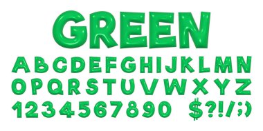 Y2K tarzında yeşil oyuncu alfabesi. Üç boyutlu kabarık harfler, plastik parlak yansıtıcı doku. Vektör illüstrasyonu.