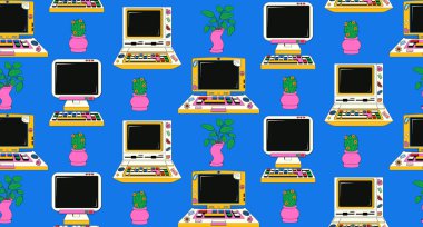 Y-2-K tarzında bilgisayarlarda kusursuz desen. 70 'li, 80' li, 90 'lı yılların klasik bilgisayar ve ev bitkileri estetiğine sahip vektör arkaplanı.