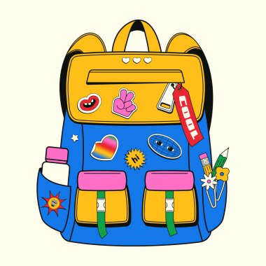 İçinde çeşitli anahtarlıklar, çıkartmalar, 90 'ların oyuncakları olan bir okul çantası. Renkli bir okul çantasının eski doğrusal el çizimi şeklinde vektör çizimi. Okula geri dön..
