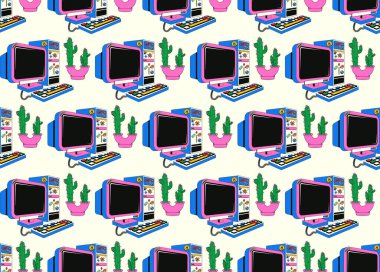 90 'ların estetiğiyle retro masaüstü bilgisayarında kusursuz desen. Y2k stili çıkartmalarla kaplı okul çocukları için klasik bir bilgisayara sahip vektör arkaplanı.