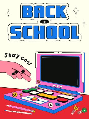 Eski tarz y2k ile okula dönüş temalı dikey kart. 90 'lı yılların estetiğine sahip, çeşitli çıkartmalarla yapıştırılmış bir dizüstü bilgisayarın vektör çizimi..