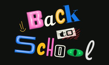 Parlak yaratıcı tabela, okula dönüş afişi. Karışık harflerden gelen mektuplar. 3 boyutlu, düz grafikler, buruşmuş kağıt ve karalamalar. Çevrimiçi reklamlar, sosyal ağlar, mağazalar için.