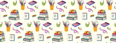 Okul gereçleri eski usul, pürüzsüz. Komik el çizimi kitap yığını, not defteri, yaratıcı ataçlar ve kalemler. Okula dönmek, eğitim kavramı..