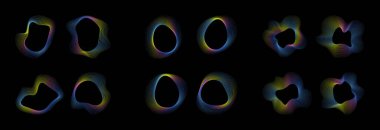 Değişik şekillerde, neon renklerde dinamik şekiller. Pürüzsüz neon gradyanı olan çizgilerden sıvı soyut şekillerin modern tasarımı.