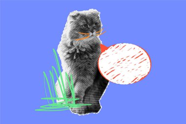 Yarım ton efektli komik hayvan konuşma baloncukları ve el çizimleri ile çevrili arka ayakları üzerinde duruyor. Reklamcılık ve fitback 'ler için geçmişe dönük kolaj tarzında moda illüstrasyon.