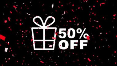 Animasyon düğmesi hediye makbuzunu işaret ediyor. Bir hediye ve indirimin aniden ortaya çıkmasıyla birlikte havai fişekler patladı. Yatay özel teklif posteri siyah ve kırmızı renklerle tanıtılıyor.