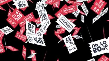 Canlandırılmış soyut arkaplan. İndirim fişleri serbestçe dibe vuruyor. Yatay özel teklif posteri siyah ve kırmızı renklerle tanıtılıyor.