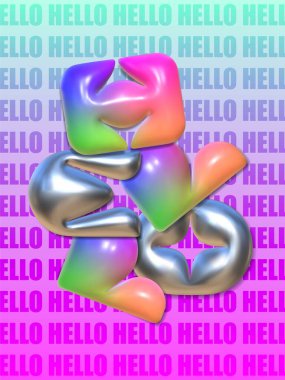 Bright 3D hello. A vertical illustration of a greeting with the texture of metal and multi-colored plastic with a reflective texture in the Y2K style. clipart