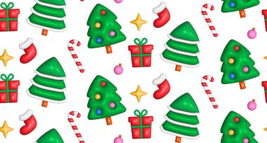 Y2k tarzında şişirilmiş 3 boyutlu oyuncaklarla kusursuz bir Noel deseni. Noel ağacı, şekerler, parıltılar ve yansıtıcı plastik desenli hediyeler..