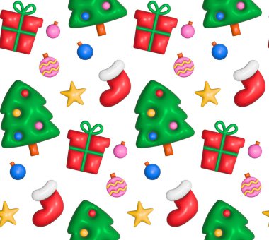 Y2k tarzında şişirilmiş 3 boyutlu oyuncaklarla kusursuz bir Noel deseni. Noel ağacı ve çorap, hediye, yansıtıcı plastik desenli yıldızlar..