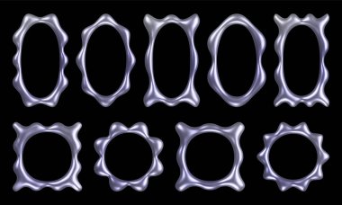 Metal sıvı şekillerden oluşan bir koleksiyonda, her biri yansıtıcı bir bitiş içeren eşsiz dalgalı çerçeveler sergilenir. Bu tasarımlar modern dijital sanat projeleri için mükemmel bir vintage y2k estetik.