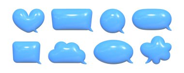 Çeşitli grafik tasarım uygulamaları için uygun canlı mavi renkli yansıtıcı dokuya sahip şişirilmiş 3D konuşma baloncukları koleksiyonu