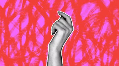 Animasyon retro kolajı. Kesik kağıt biçiminde yarım ton efektlerle dinamik parmak şıklatma.