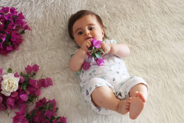 Niedliches Baby Spielt Mit Bougainvillea Blume Und Lächelt Auf Weißer — Stockfoto