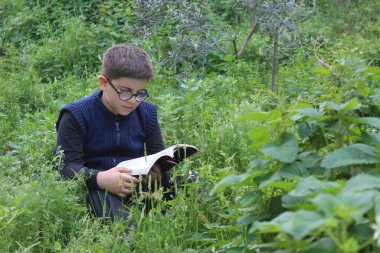 Bir çocuk doğada bir kitap okuyor. Bahçedeki çimlerde dinleniyor..