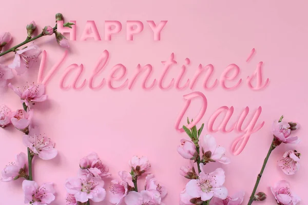 Concepto San Valentín Rama Del Árbol Flores Texto Feliz Día — Foto de Stock
