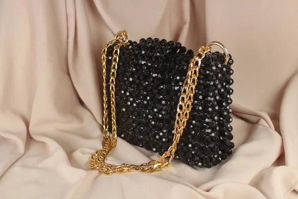 Handmade Black Bead Bag Gold Handle Fabric Selective Focus — Stock Photo, Image