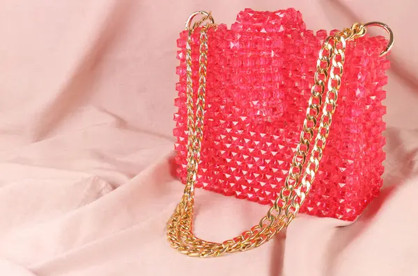 Handmade Fuchsia Pink Bag Made Beads Pink Fabric Gold Handle — Stock Photo, Image