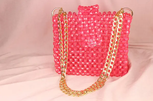 Handmade Fuchsia Pink Bag Made Beads Pink Fabric Gold Handle — Stock Photo, Image