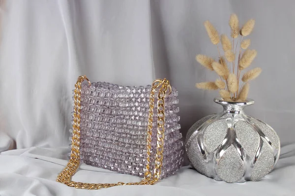Handmade Gray Bag Made Beads Gray Fabric Gold Handle Decorative — Stock Photo, Image