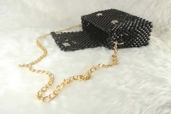 Handmade Black Purse Made Bright Beads White Furry Blanket Gold — Stock Photo, Image