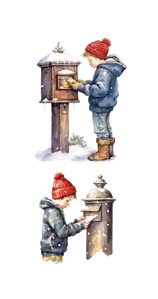 Junge Schickt Einen Brief Weihnachtsmann Cliparts Isolierte Vektor Illustration — Stockvektor