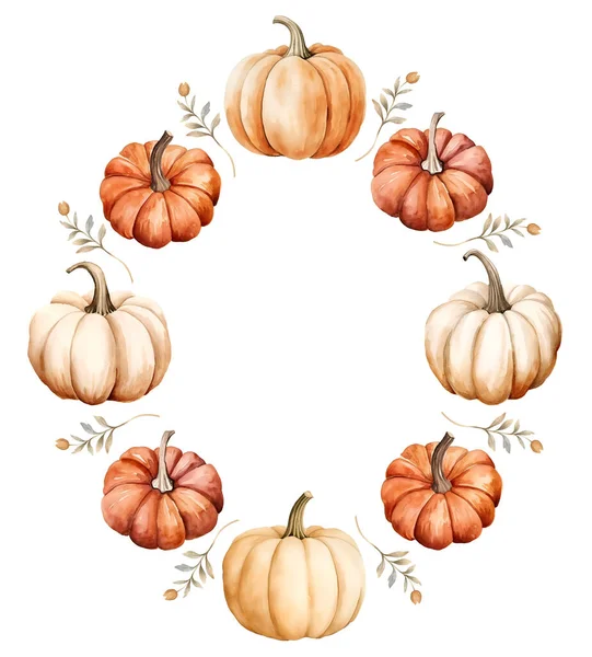 Watercolor autumn wreath. Circle frame. Autumn leaves and pumpkins. Illustration clipart isolated on white background.