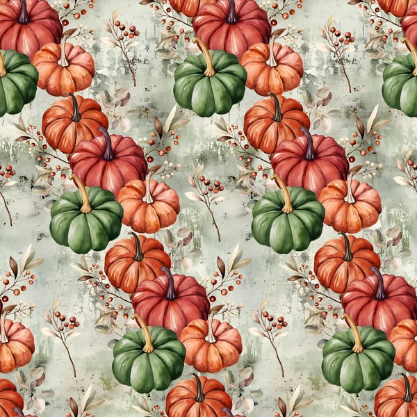 Watercolor pumpkins seamless pattern, watercolor illustration, background.