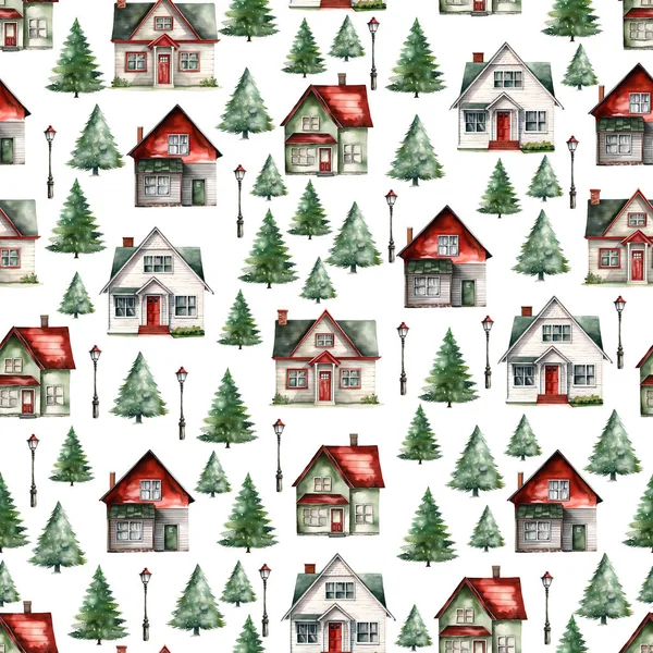 Watercolor house seamless pattern, watercolor illustration, background.