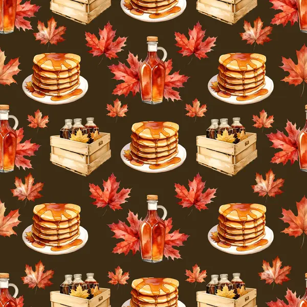 Watercolor maple syrup seamless pattern, watercolor illustration, background.