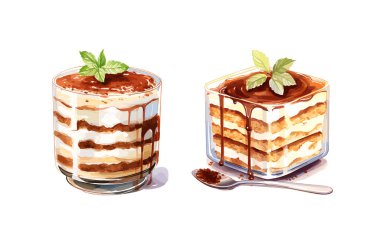 Tiramisu, izole edilmiş arkaplan ile vektör clipart illüstrasyonu.