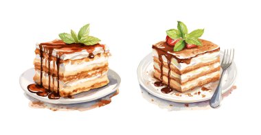 Tiramisu, izole edilmiş arkaplan ile vektör clipart illüstrasyonu.