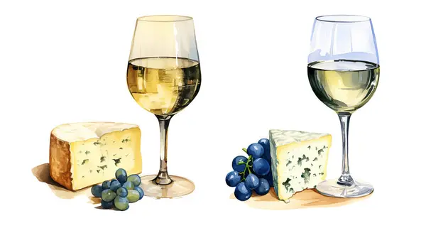 Watercolor For Blue cheese with wine. Illustration clipart isolated on white background.