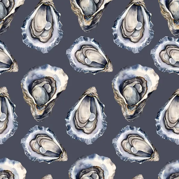 Watercolor oyster, sea seamless pattern, watercolor illustration, background.