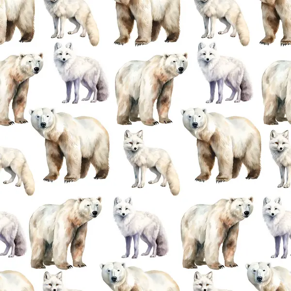 Watercolor Arctic animals seamless pattern, watercolor illustration, background.