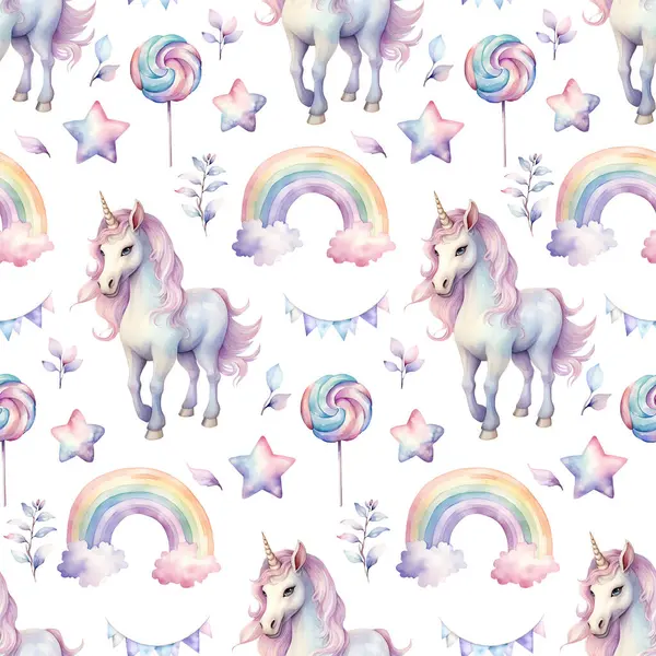 Watercolor unicorn seamless pattern, watercolor illustration, background.
