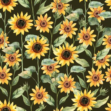 Watercolor sunflower seamless pattern, watercolor illustration, background. clipart