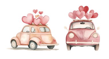 Watercolor car with hearts. Illustration clipart isolated on white background. clipart