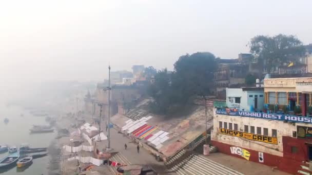 Varanasi Ghat Letecké Drone Pohled Ráno Ganges Benares Indie 2022 — Stock video