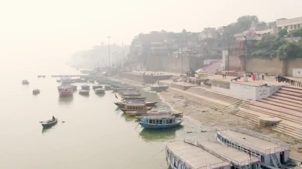 Varanasi Ghat Vista Aerea Drone Mattina Sul Gange Benares India — Video Stock