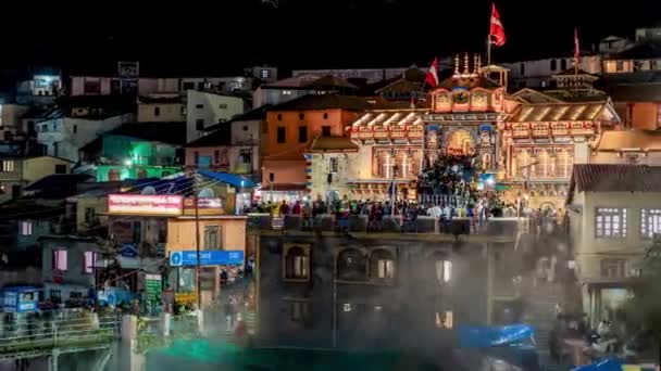 Pilgrims Crowd Badrinath Himalaya Temple Badri Narayana Night Timelapse Hyperlapse — Stock Video