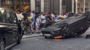 Car crash in Soho, London, street view of the incident scene, UK - 10.08.2022