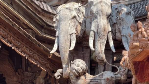 Храм Истины Паттайе Наружные Скульптуры Резные Украшения Таиланд — стоковое видео