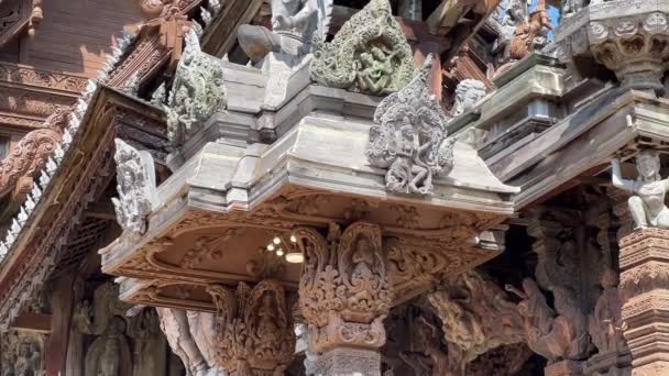Heiligdom Van Waarheid Tempel Pattaya Buitenkant Gesneden Decoratie Sculpturen Thailand — Stockvideo