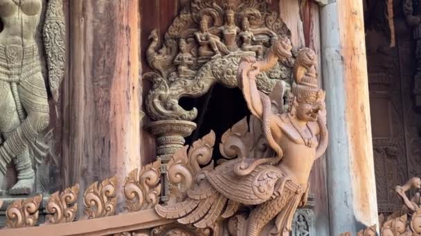 Храм Истины Паттайе Наружные Скульптуры Резные Украшения Таиланд — стоковое видео