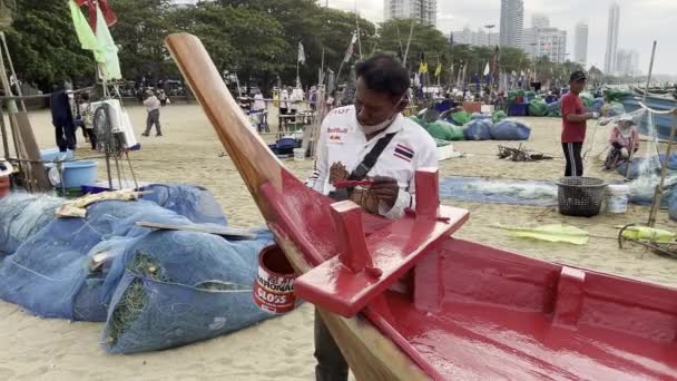 Рыбацкие Лодки Рынок Пляже Паттайя Утром Таиланд — стоковое видео
