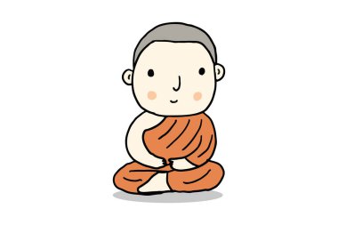 Genç Budist keşiş meditasyon yapıyor, çizgi film el çizimi biçim vektörü