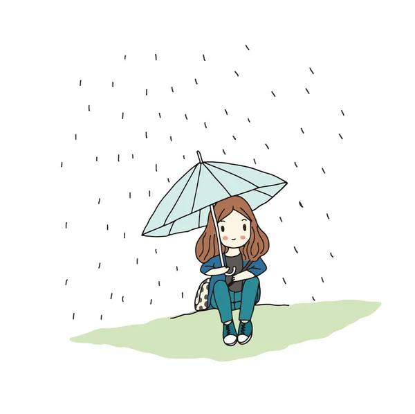 Young Girl Sit Hold Umbrella Rain Hand Drawn Style Vector — Stock Vector