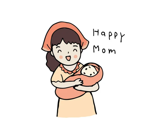 Feliz Madre Sostiene Hijo Con Cuidado Amor Vector Estilo Dibujado — Archivo Imágenes Vectoriales