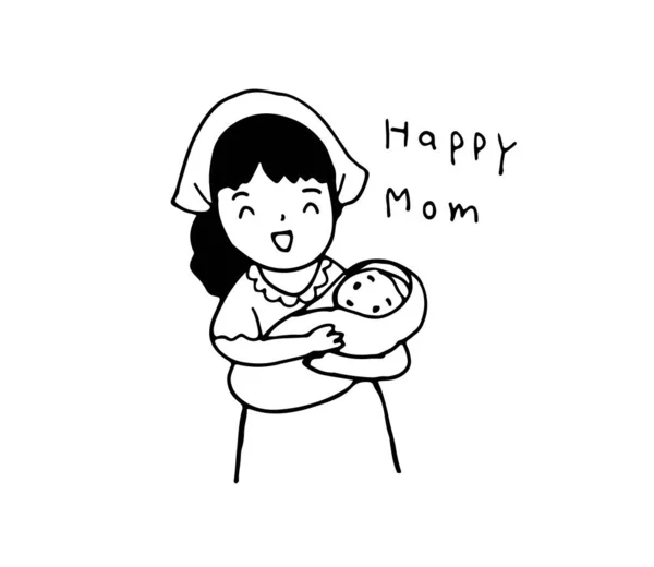 Mamãe Segurando Bebê Linha Desenho Estilo Vetor — Vetor de Stock